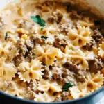 Cheesy Beef And Bowtie Pasta In Garlic Butter