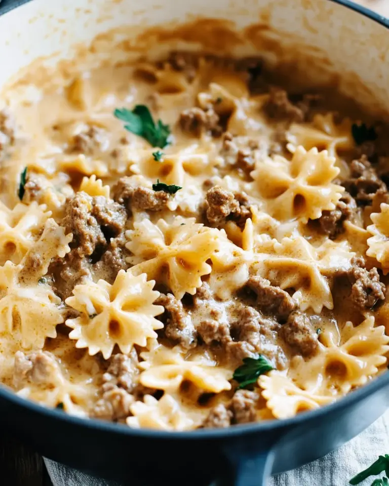 Cheesy Beef And Bowtie Pasta In Garlic Butter