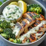 Grilled Chicken & Broccoli Bowls with Creamy Garlic Sauce