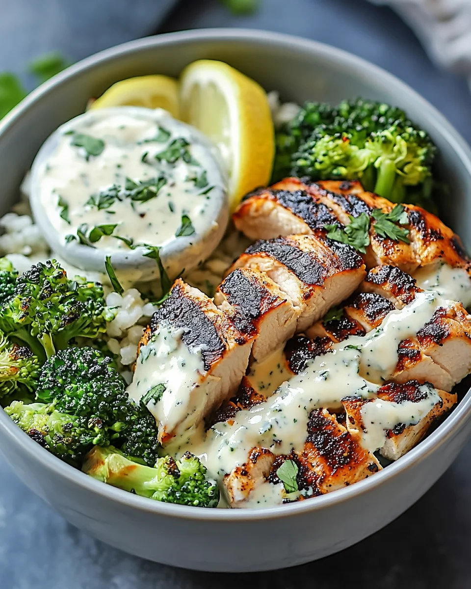 Grilled Chicken & Broccoli Bowls with Creamy Garlic Sauce