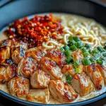 Fiery Chicken Ramen with Creamy Garlic Sauce