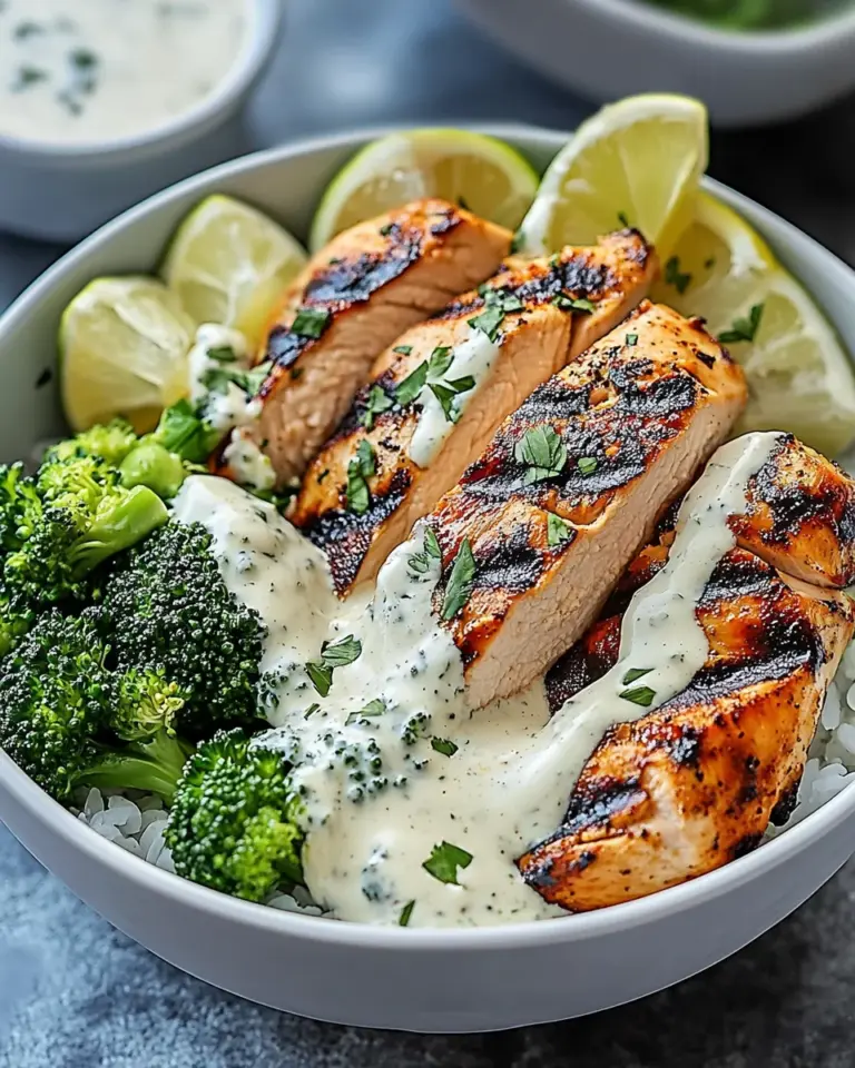Grilled Chicken & Broccoli Bowls with Creamy Garlic Sauce