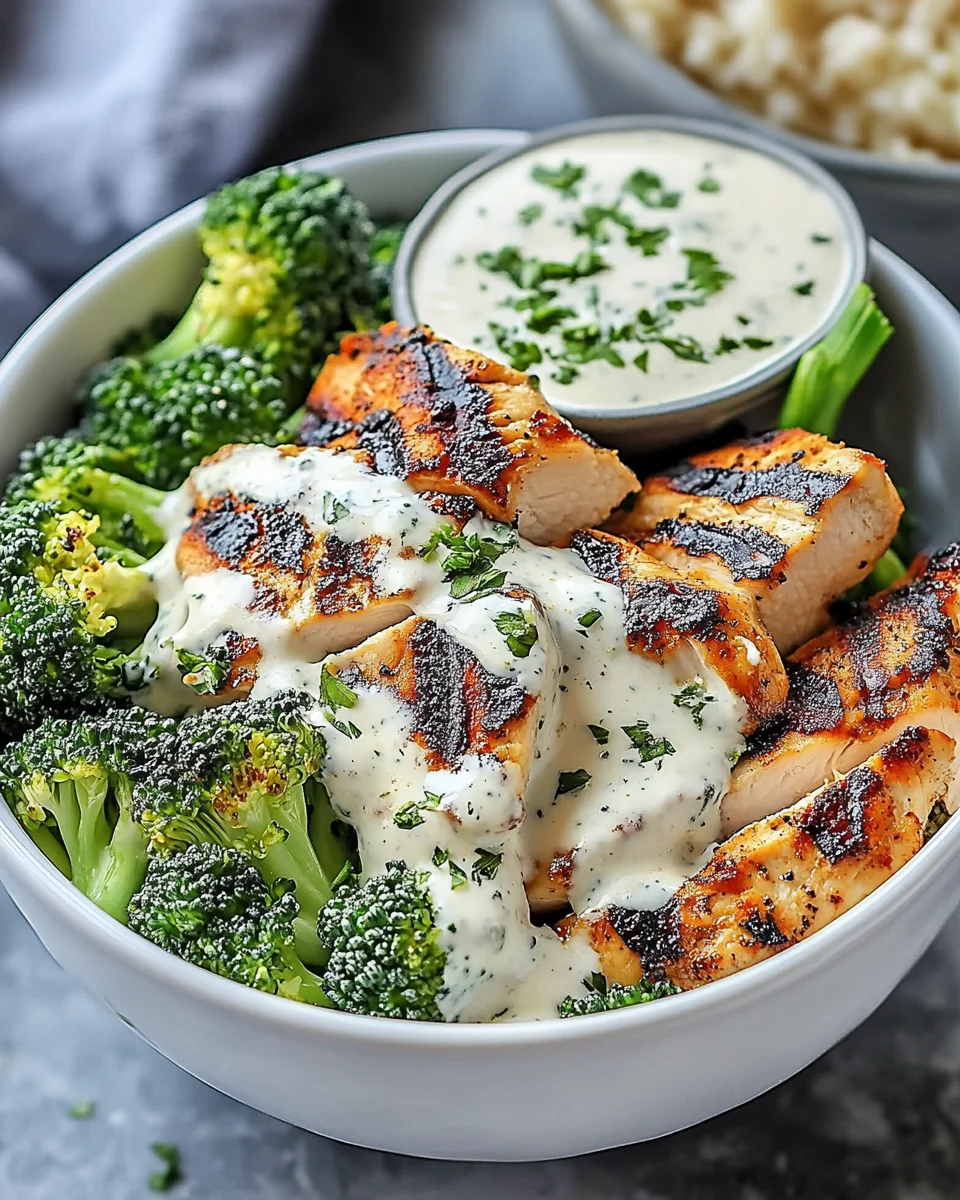 Grilled Chicken & Broccoli Bowls with Creamy Garlic Sauce Grilled