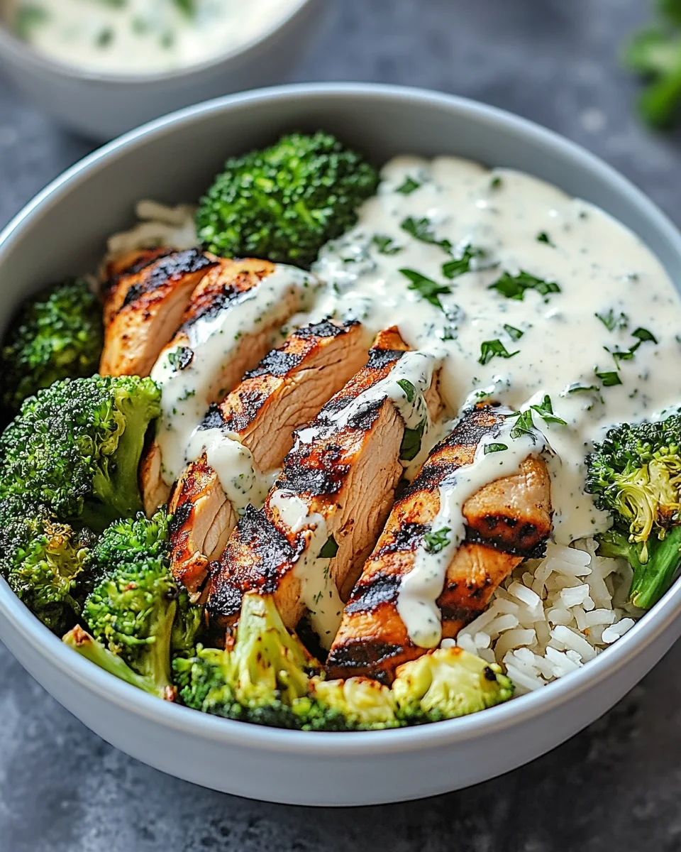 Grilled Chicken & Broccoli Bowls with Creamy Garlic Sauce Grilled