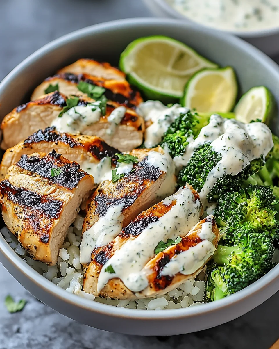 Grilled Chicken & Broccoli Bowls with Creamy Garlic Sauce Grilled