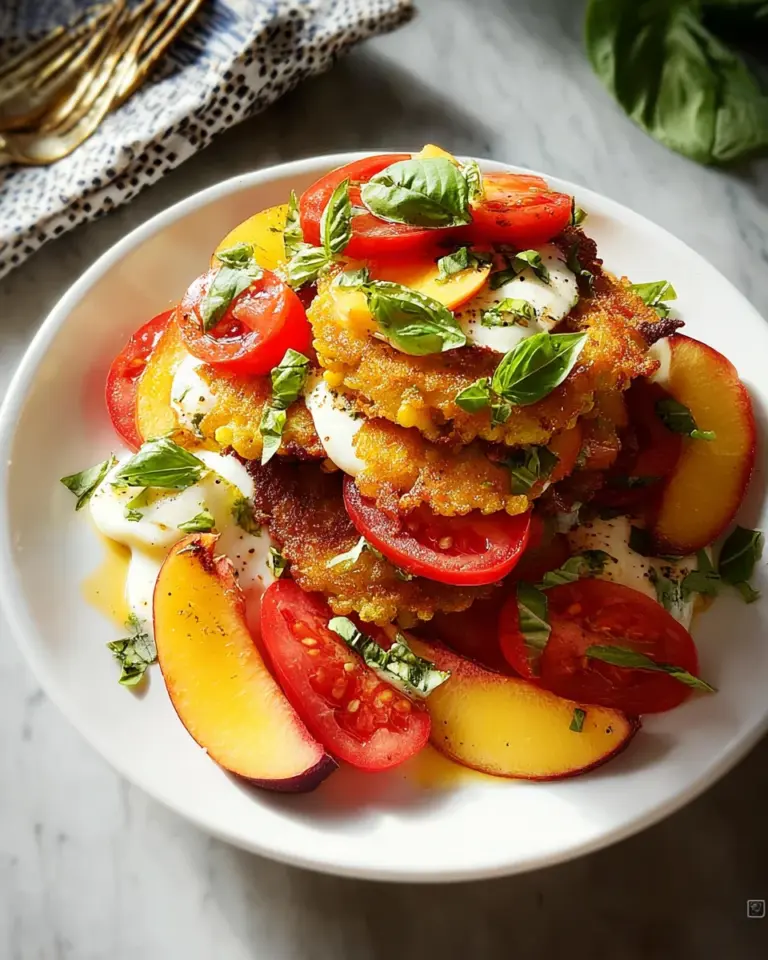 Corn Fritter Caprese with Peaches and Tomatoes
