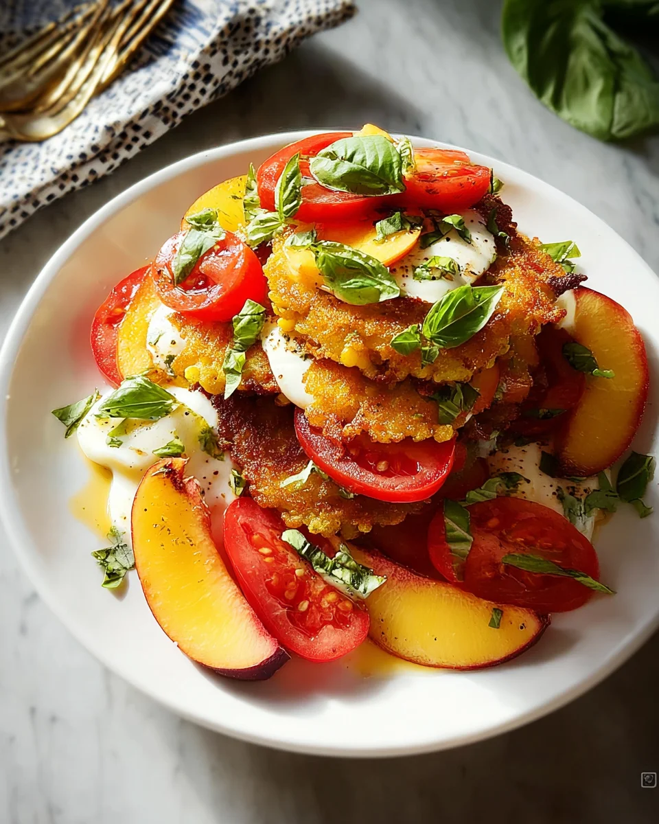 Corn Fritter Caprese with Peaches and Tomatoes Corn Fritter Caprese with Peaches and Tomatoes