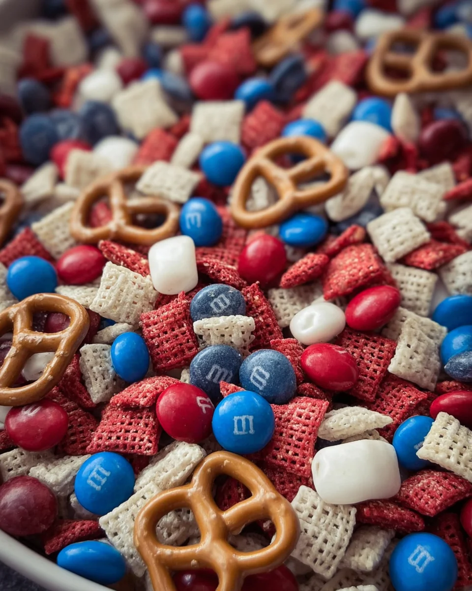 Red, white, and blue snack mix Red,