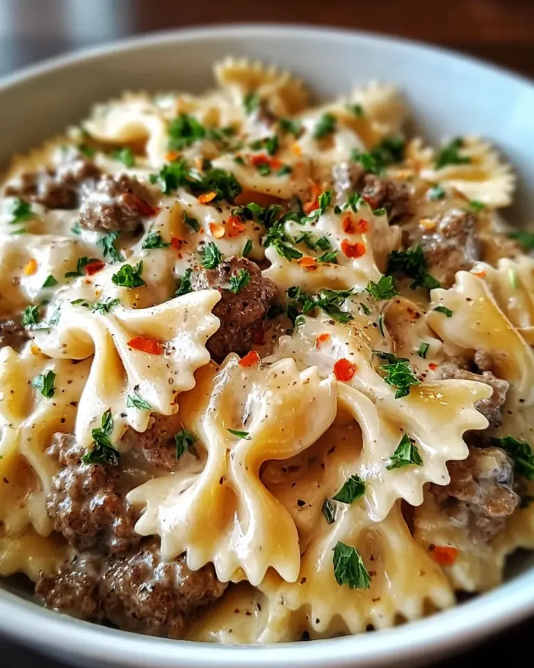 Beef and Bowtie Pasta with Alfredo Sauce