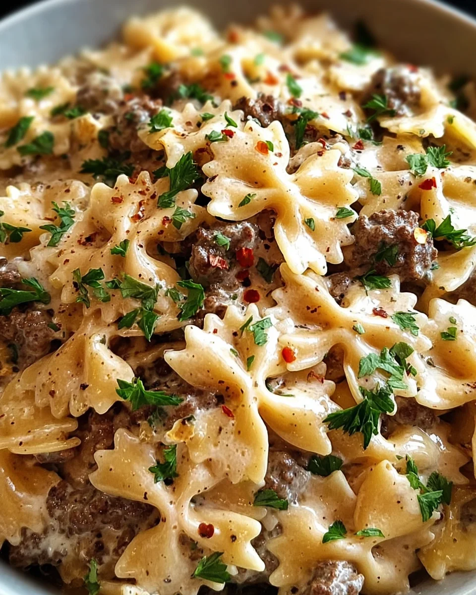 Beef and Bowtie Pasta with Alfredo Sauce Beef