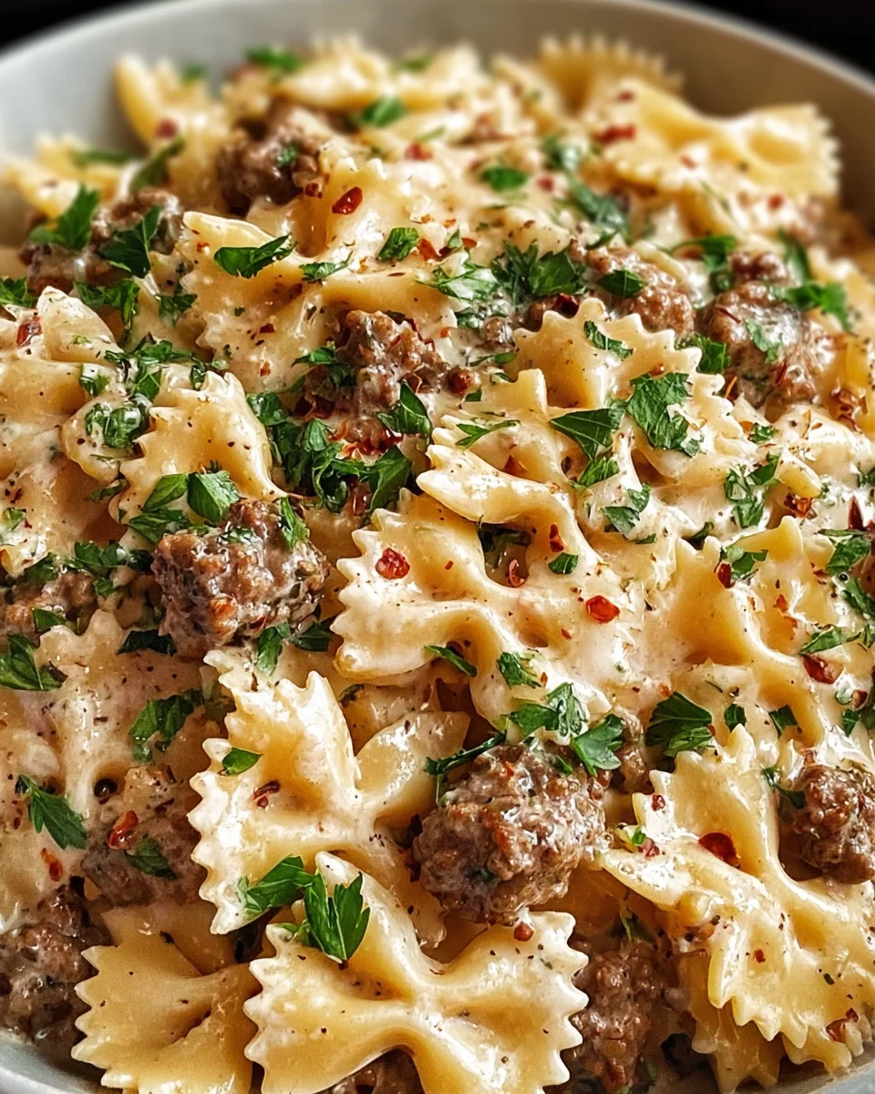 Beef and Bowtie Pasta with Alfredo Sauce Beef