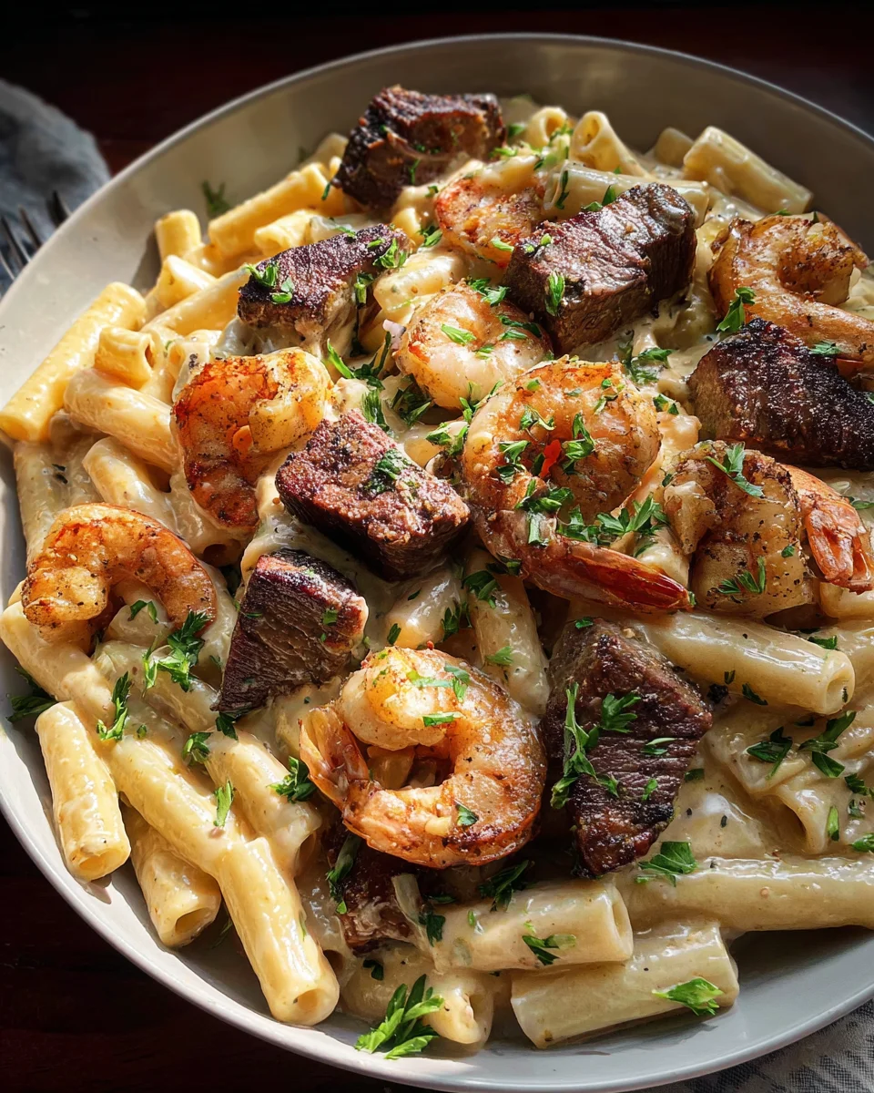Blackened Steak and Shrimp Alfredo Blackened