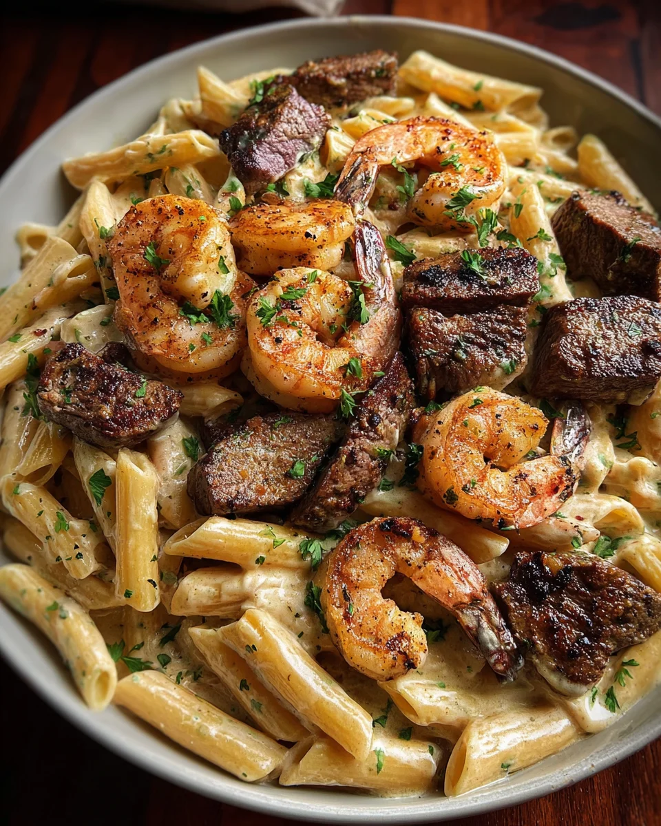 Blackened Steak and Shrimp Alfredo Blackened
