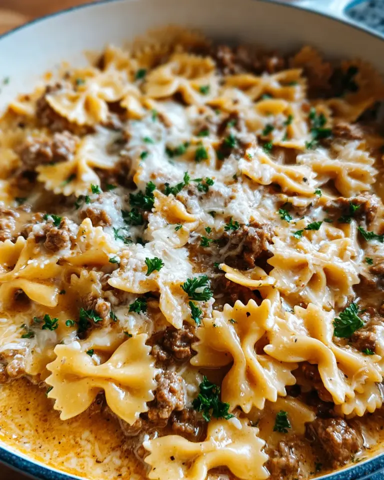 Cheesy Beef and Bowtie Pasta in Garlic Butter