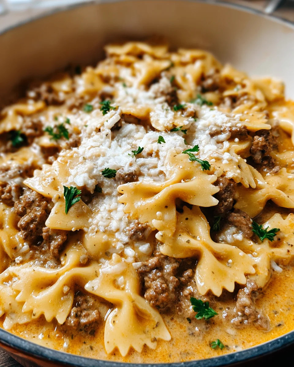 Cheesy Beef and Bowtie Pasta in Garlic Butter Cheesy