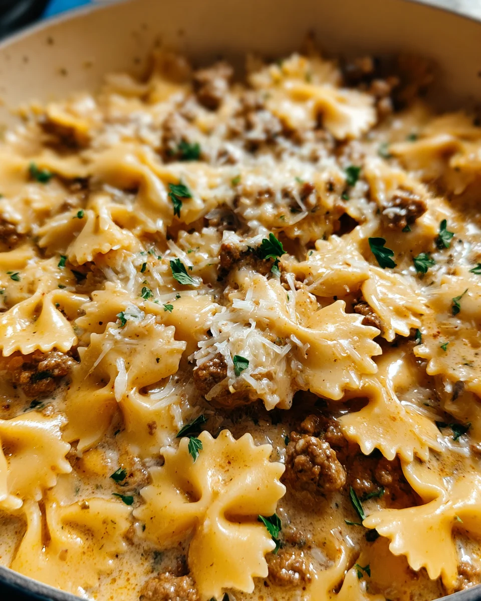 Cheesy Beef and Bowtie Pasta in Garlic Butter Cheesy