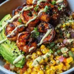Grilled Shrimp Bowl with Avocado, Corn Salsa & Creamy Garlic Sauce Grilled Shrimp Bowl with Avocado, Corn Salsa & Creamy Garlic Sauce