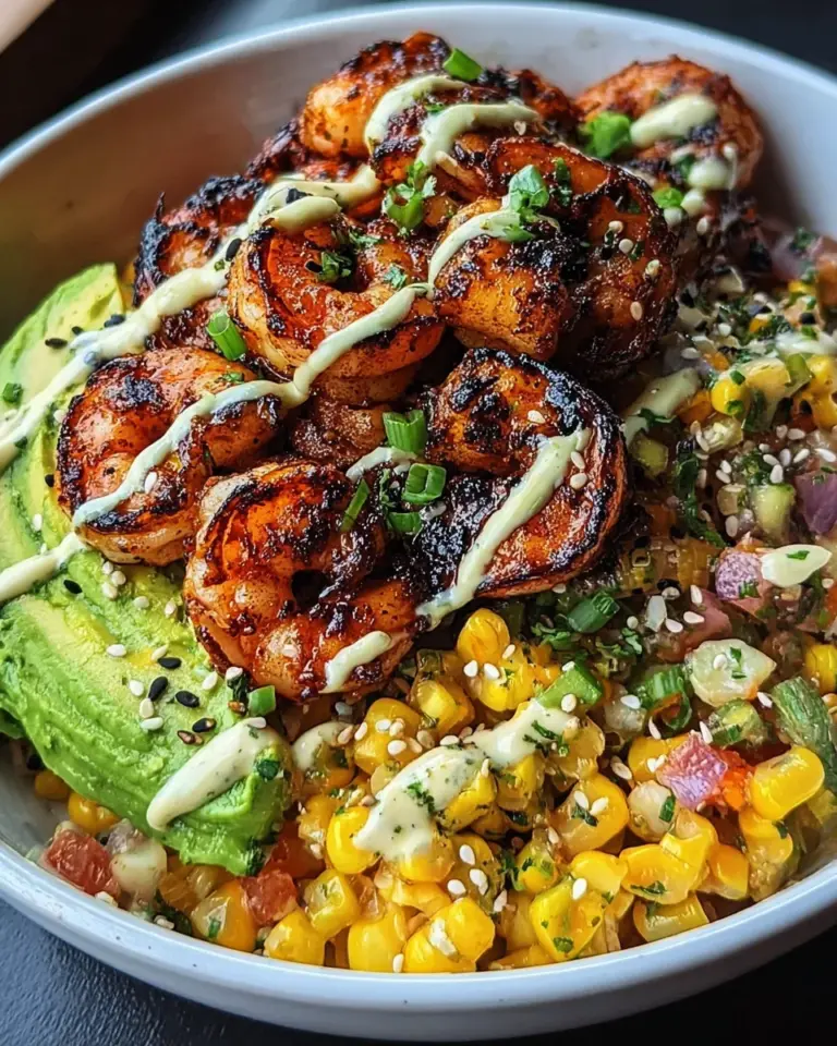 Grilled Shrimp Bowl with Avocado, Corn Salsa & Creamy Garlic Sauce