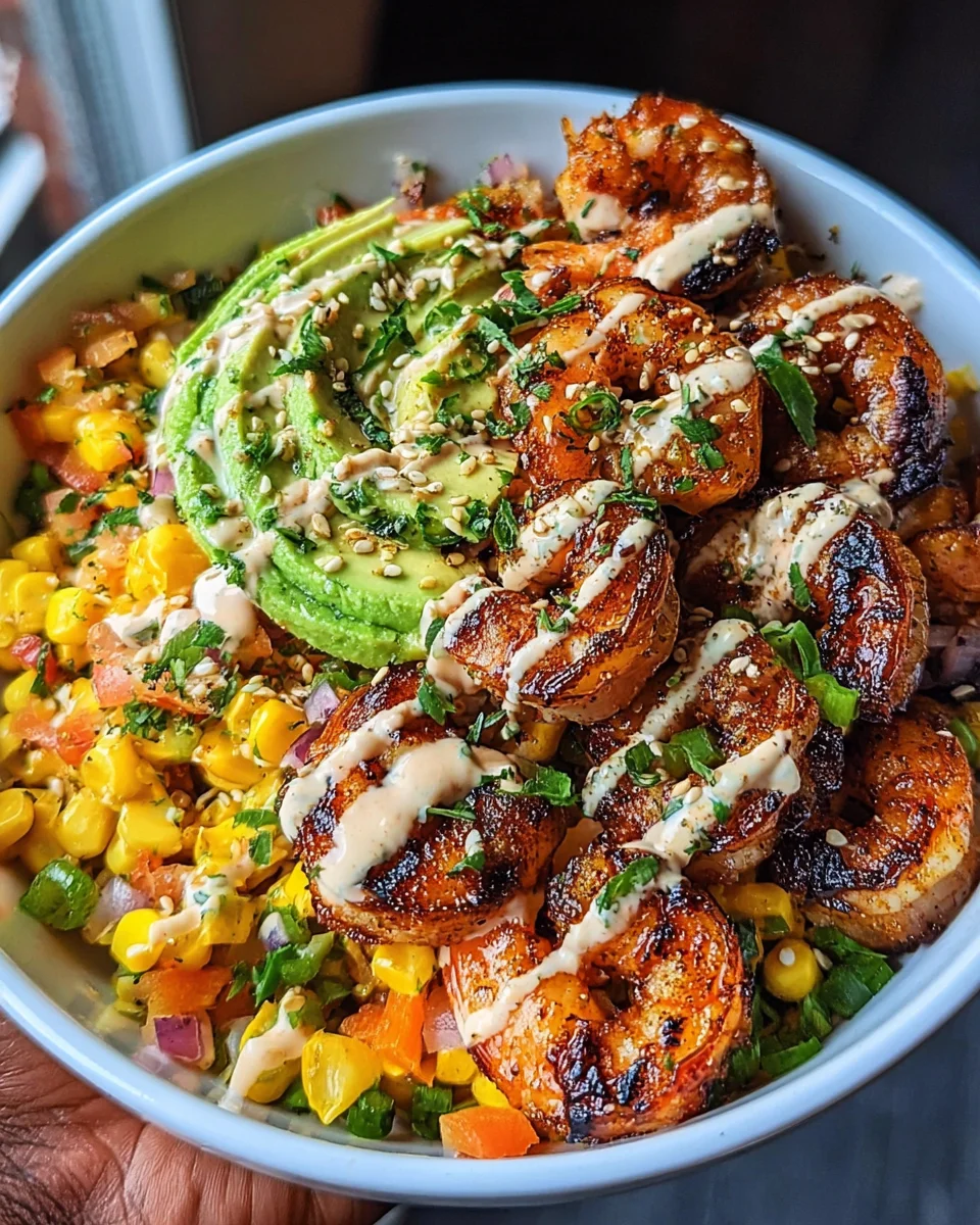 Grilled Shrimp Bowl with Avocado, Corn Salsa & Creamy Garlic Sauce Grilled