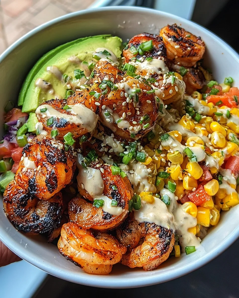 Grilled Shrimp Bowl with Avocado, Corn Salsa & Creamy Garlic Sauce Grilled