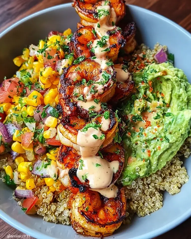 Grilled Shrimp Bowl with Avocado, Corn Salsa & Creamy Sauce