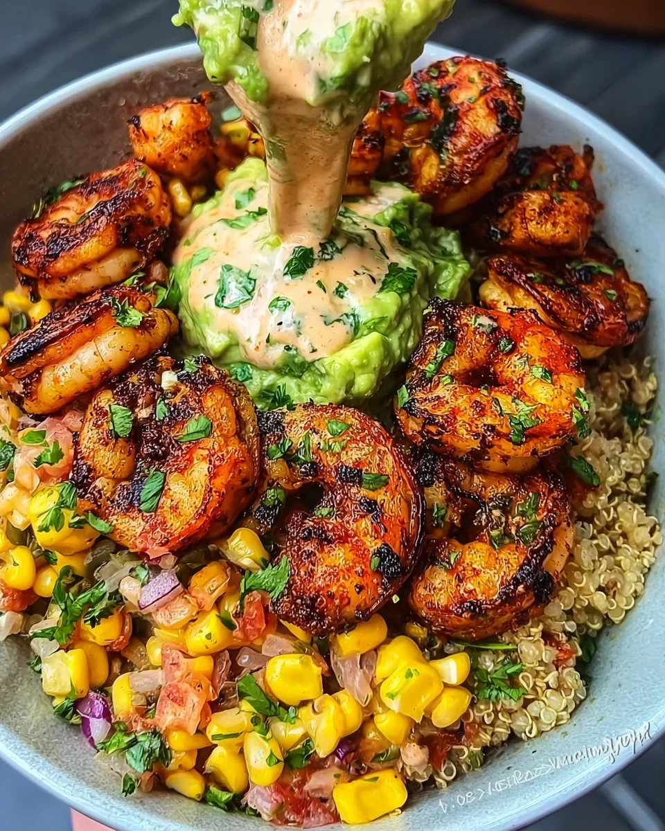 Grilled Shrimp Bowl with Avocado, Corn Salsa & Creamy Sauce Grilled