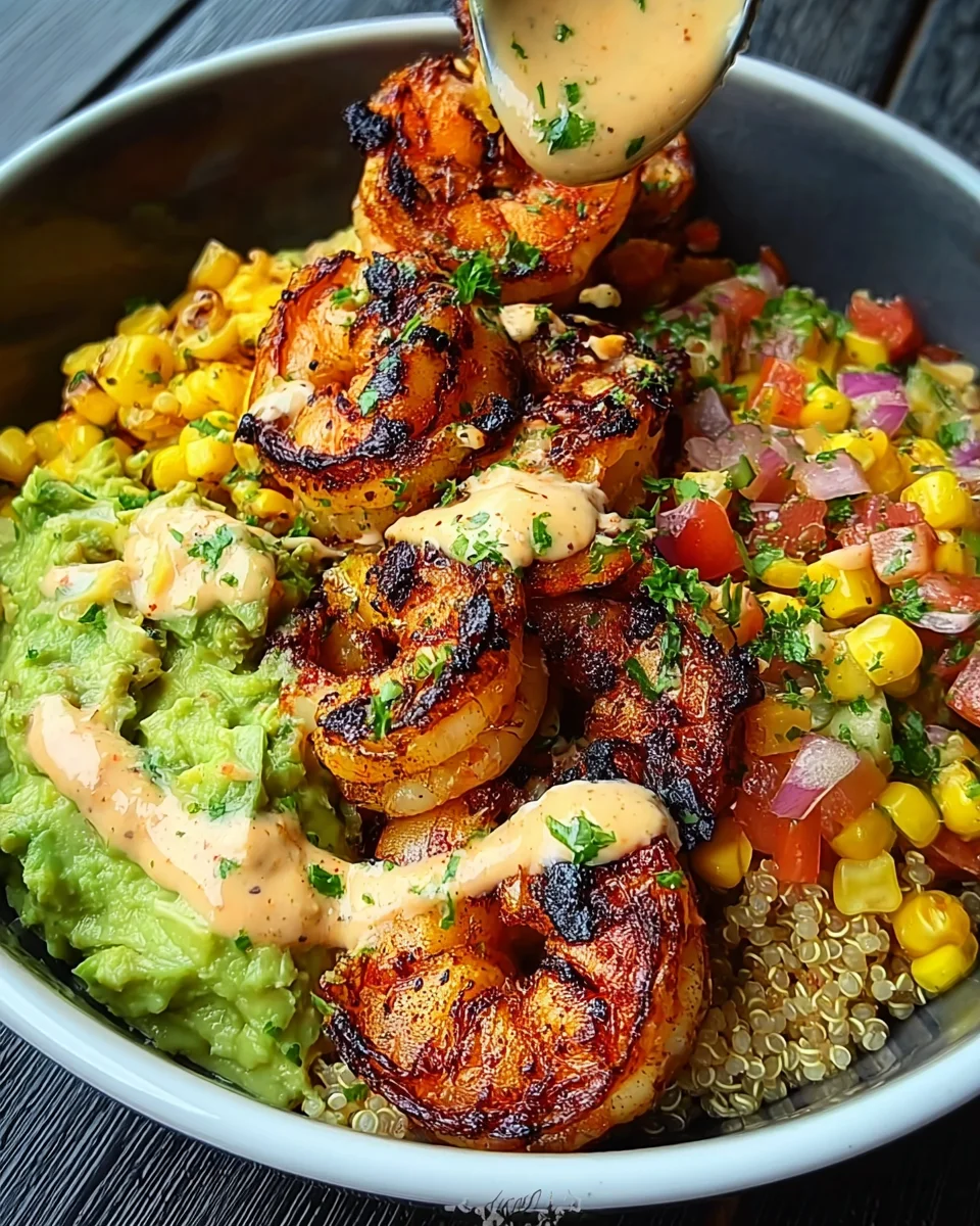 Grilled Shrimp Bowl with Avocado, Corn Salsa & Creamy Sauce Grilled