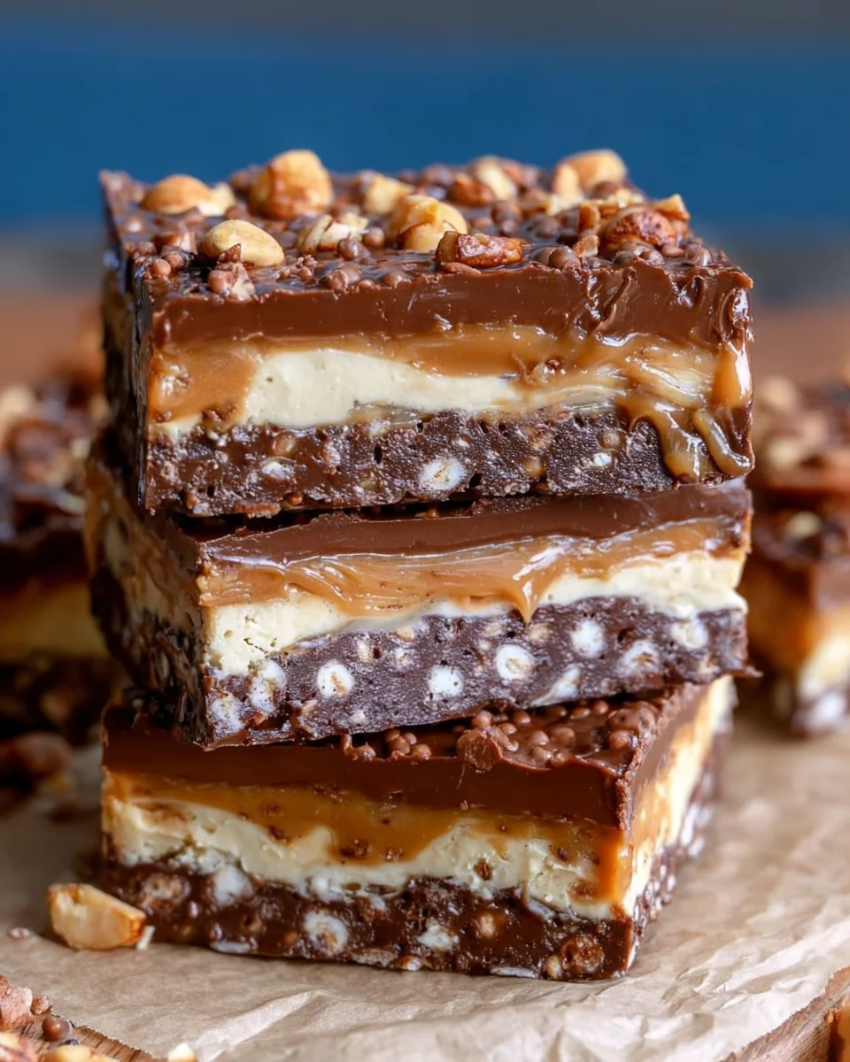 No Bake Crispy Snickers Bars No