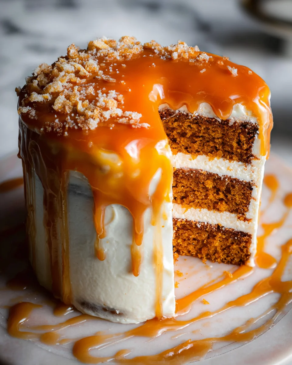 Pumpkin Cake with Cream Cheese Frosting and Salted Caramel Drizzle Pumpkin