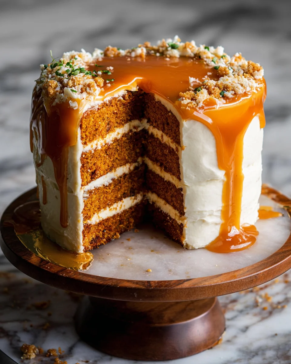Pumpkin Cake with Cream Cheese Frosting and Salted Caramel Drizzle Pumpkin