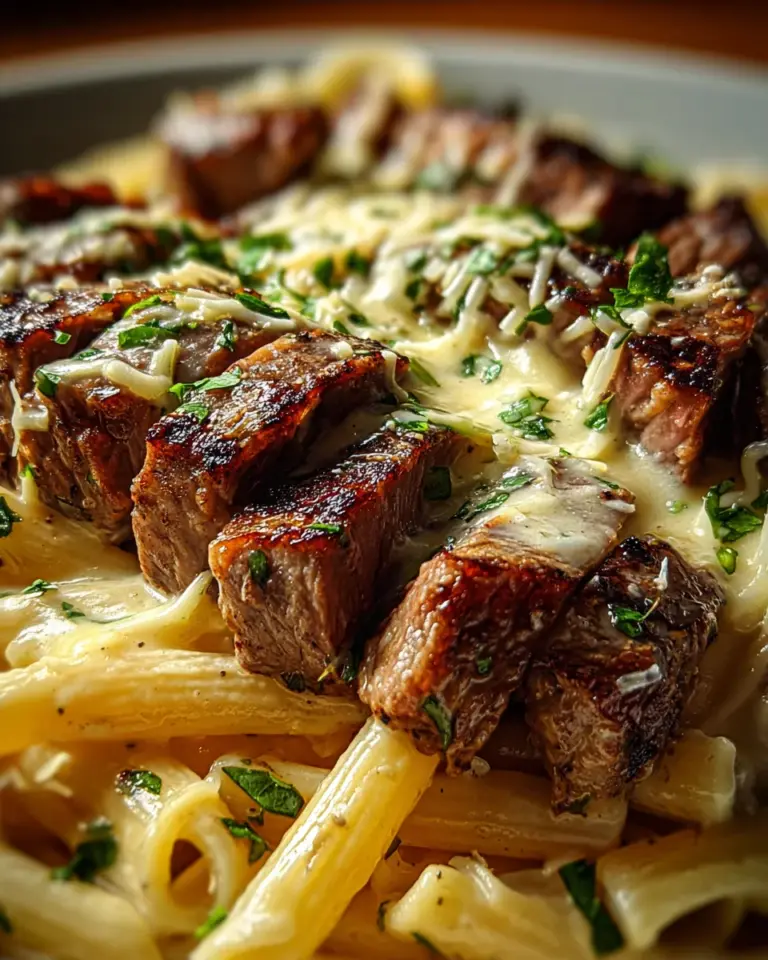Steak and Creamy Garlic Parmesan Pasta