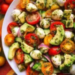 Tomato Cucumber Avocado Salad with Mozzarella and Basil Pesto Tomato Cucumber Avocado Salad with Mozzarella and Basil Pesto