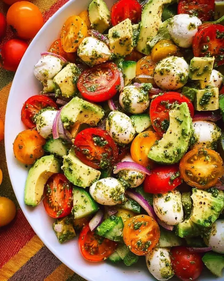 Tomato Cucumber Avocado Salad with Mozzarella and Basil Pesto