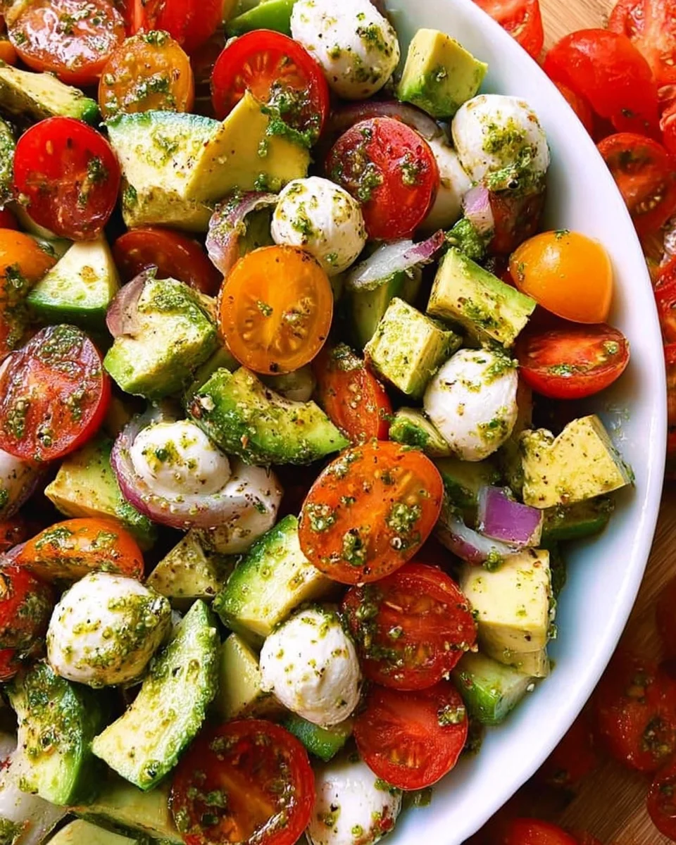 Tomato Cucumber Avocado Salad with Mozzarella and Basil Pesto Tomato