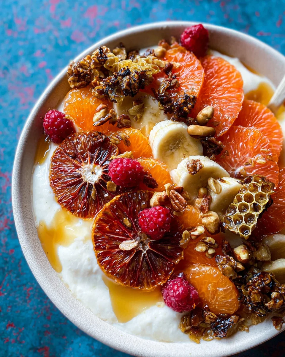 Winter Citrus Ricotta Breakfast Bowl with Honeycomb. Winter Citrus Ricotta Breakfast Bowl with Honeycomb.