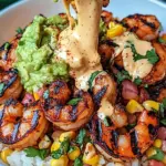 Grilled Shrimp Bowl with Avocado, Corn Salsa & Creamy Sauce