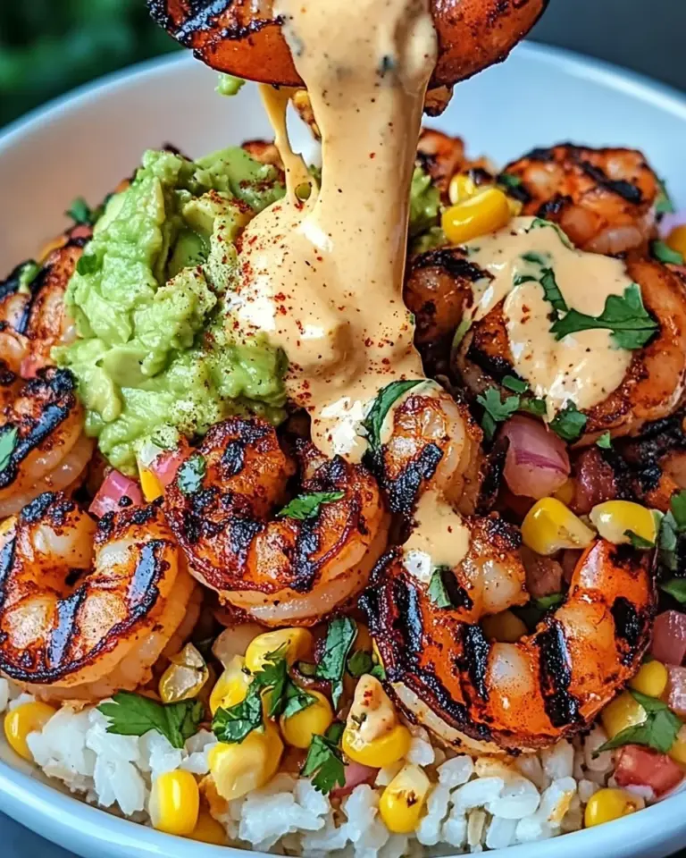 Grilled Shrimp Bowl with Avocado, Corn Salsa & Creamy Sauce
