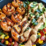 Grilled Shrimp Bowl with Avocado, Corn Salsa & Creamy Sauce