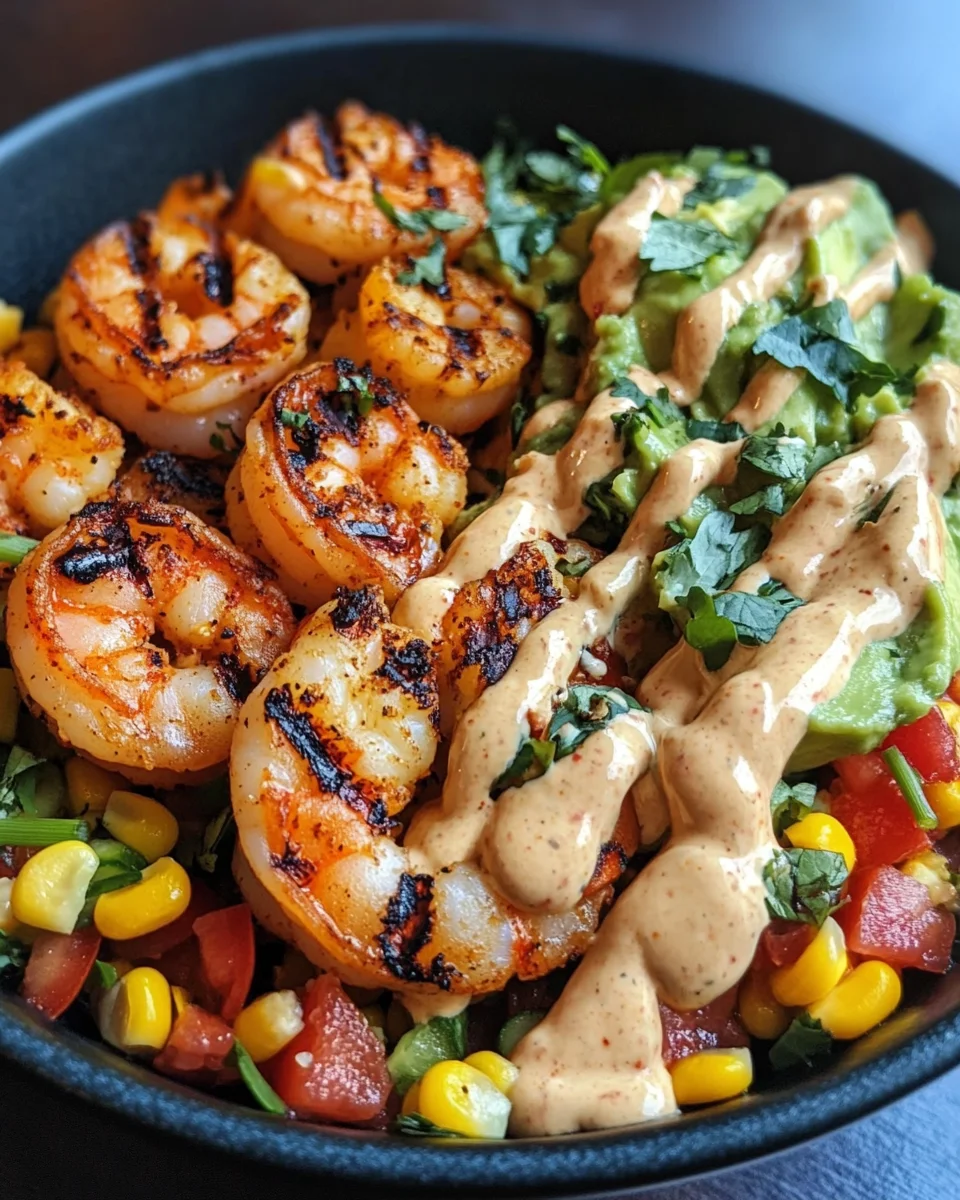 Grilled Shrimp Bowl with Avocado, Corn Salsa & Creamy Sauce